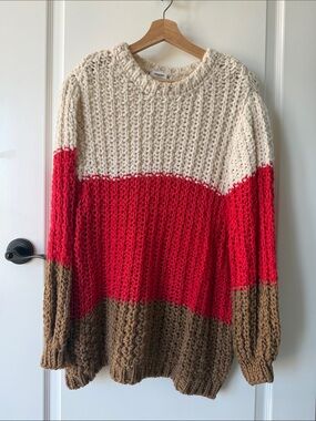 Mango Chunky Colorblock Crewneck Sweater in Cream, Red & Brown